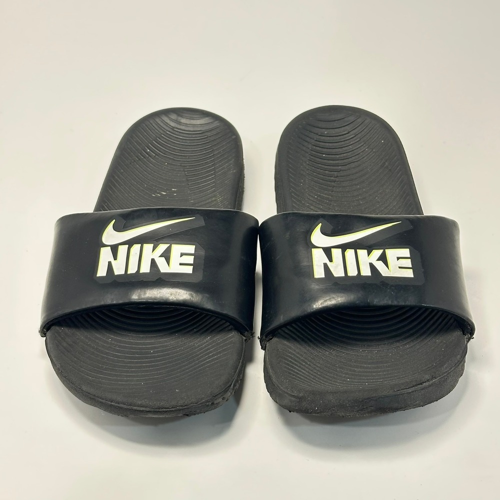 Nike Kawa Kids Slides Black Neon Yellow Swoosh Sandals Size 12C 819352-003